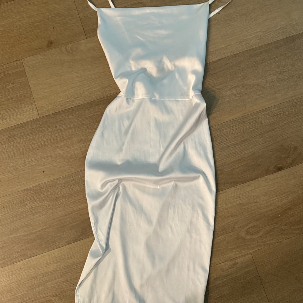 White Satin Slip Midi Dress - Women's Elegant Spaghetti Strap